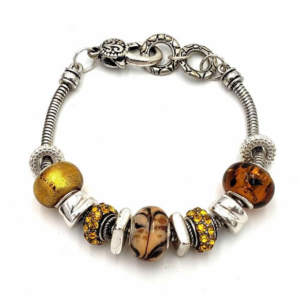 Silver Tone Glass Bead Charm Bracelet Honey Gold Cream Brown Neutral Chunky - Picture 1 of 7